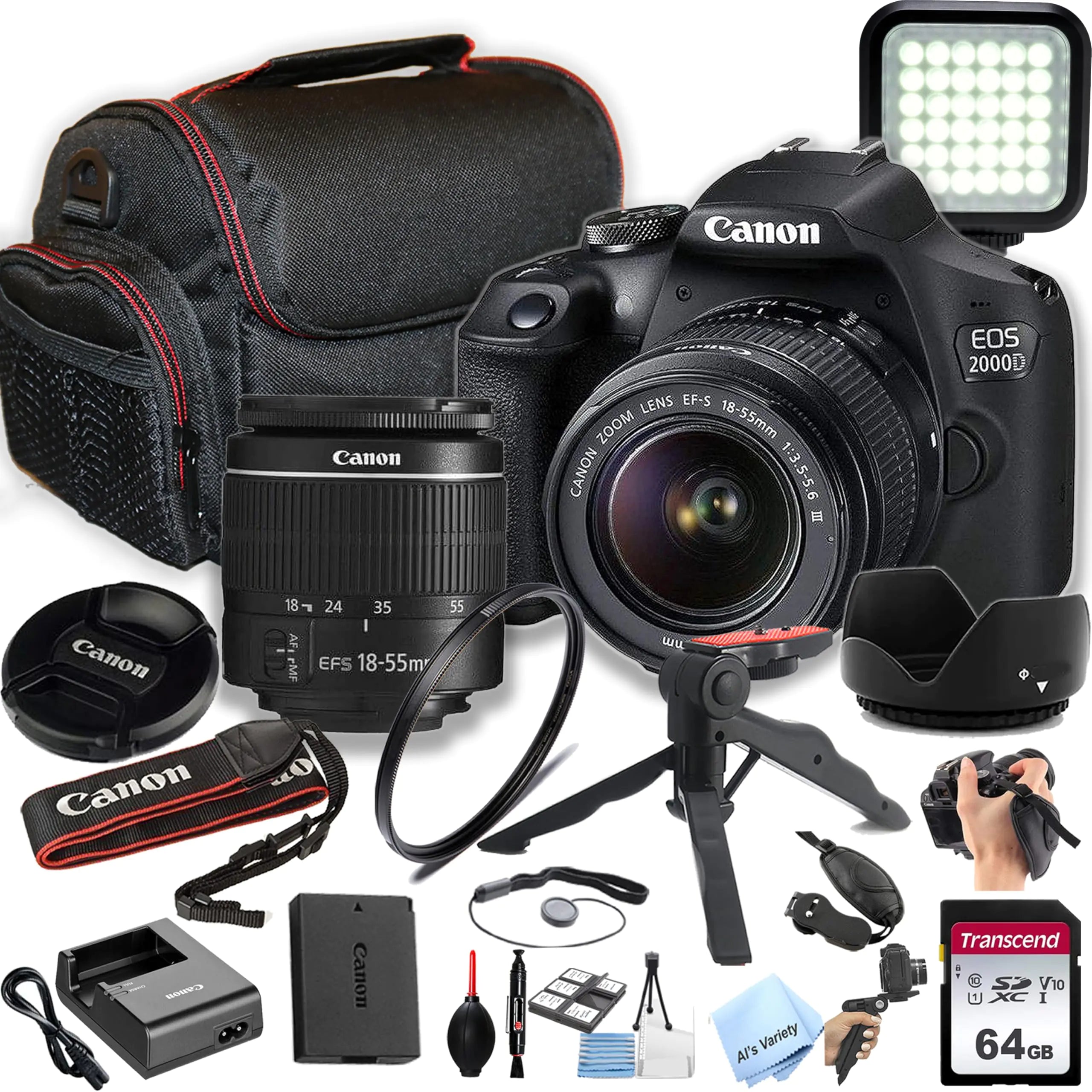 Canon EOS 2000D / Rebel T7 DSLR Camera w/EF-S 18-55mm F/3.5-5.6 Zoom Lens + 64GB Memory LED Video Light Case Gripster Tripod and More (Essential Bundle) (Renewed)