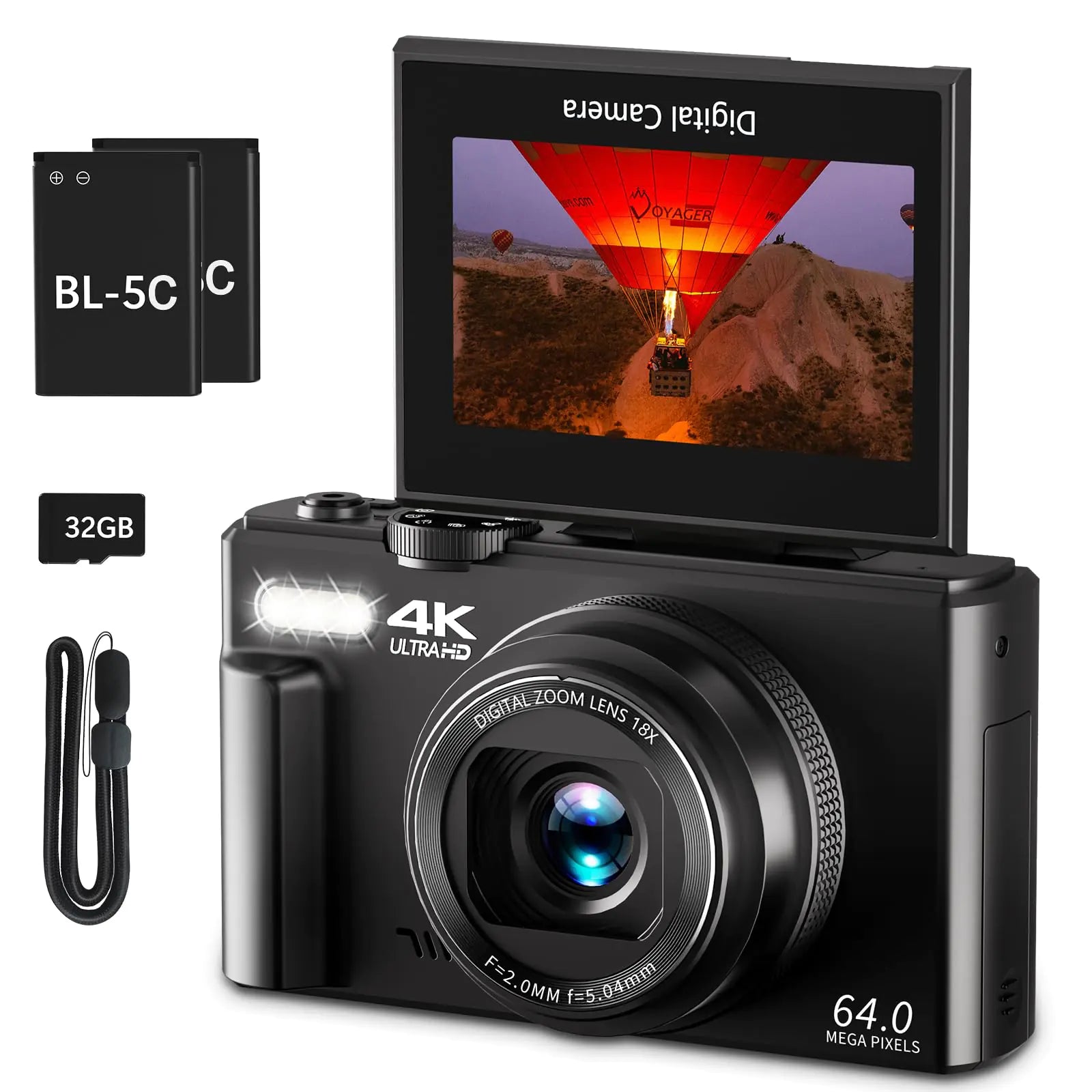 4K Digital Camera for Photography 64MP Vlogging Camera for YouTube with 3" 180° Flip Screen 18X Digital Zoom Point and Shoot Camera with 32GB Micro SD Card for Beginner (Black)