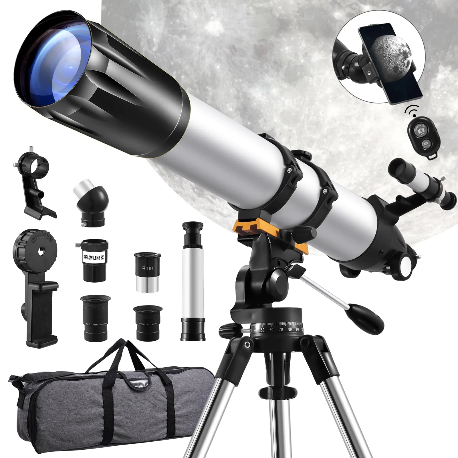 Sararoom Telescope for Adults High Powered 90mm Aperture 900MM Refractor Telescope for Kids & Beginners Portable Travel Telescope with Stainless Tripod Phone Adapter Wireless Remote White